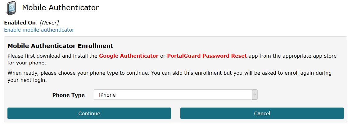 Mobile Authenticator Enrollment Screen