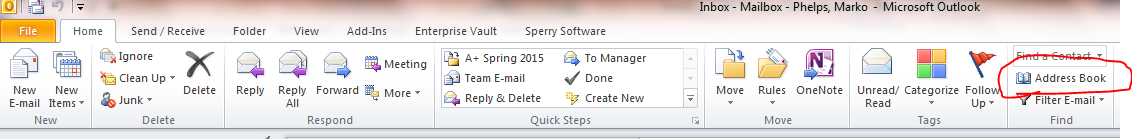 Image of the top part of Outlook. Address Book is highlighted