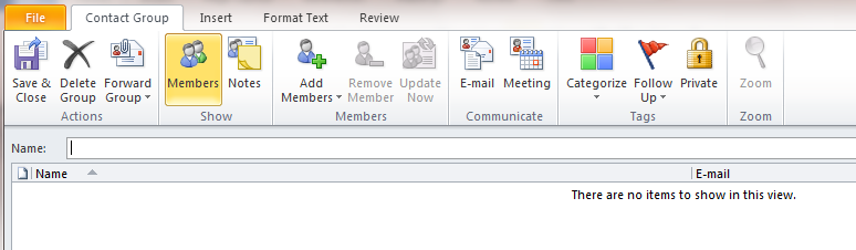 Top of Outlook under Contact Group tab Members is selected.