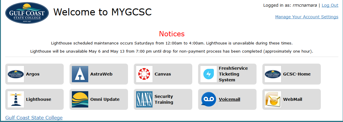 myGCSC Home Screen