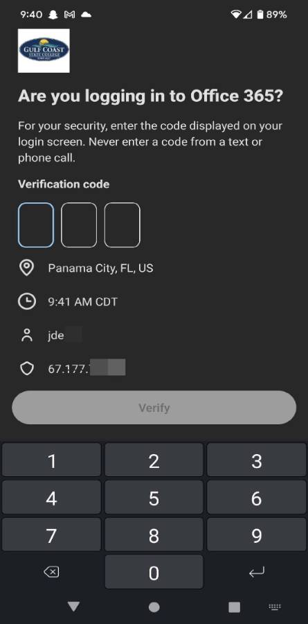 Verification Code Input screen