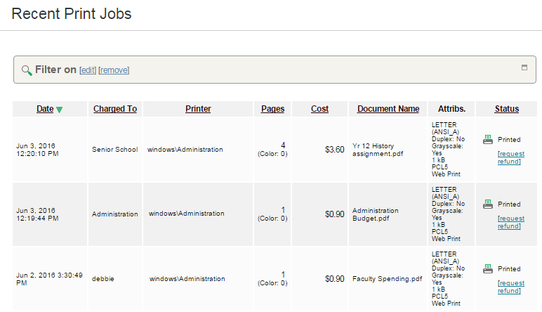 Image of Recent Print Jobs screen