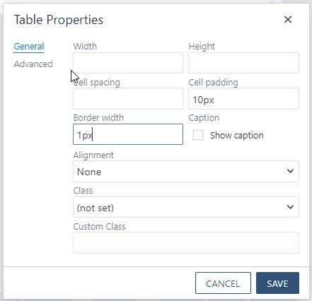 Image showing Table Properties width
