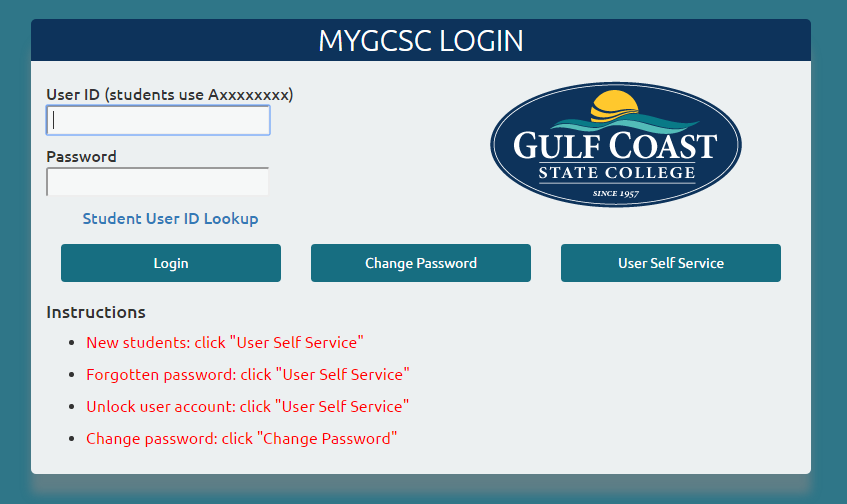 MyGCSC Login Screen