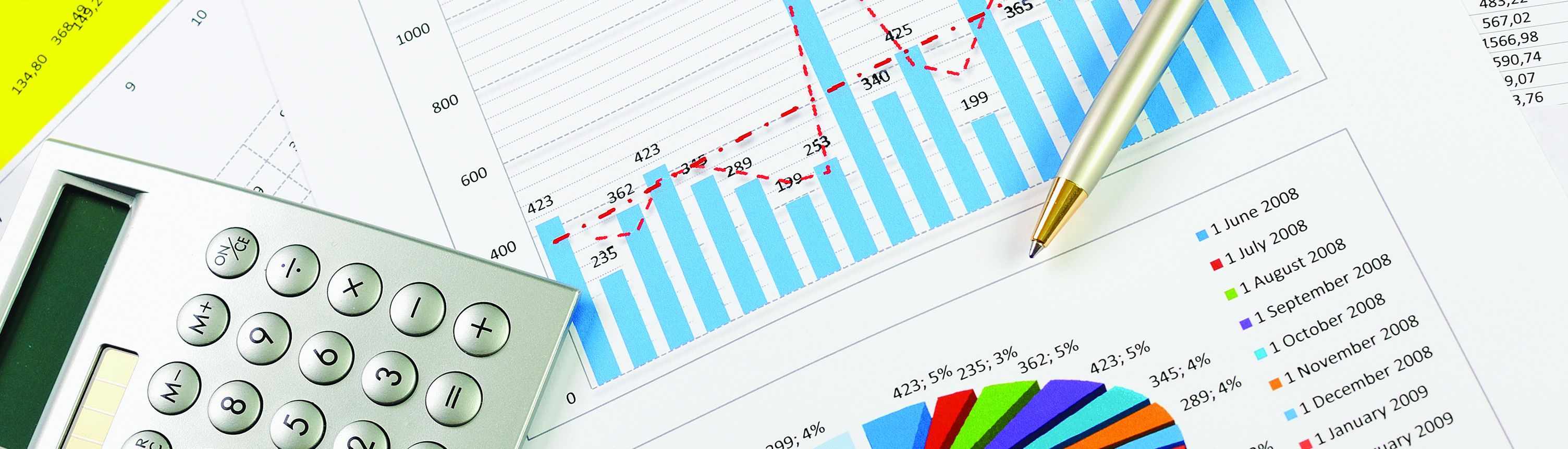 Image of calculator and charts and a pen