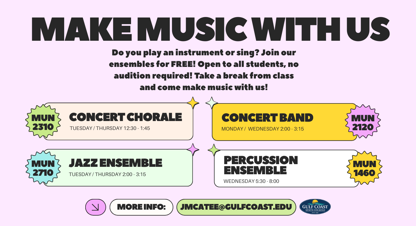 Spring 2026 Music Ensembles. Open to all GCSC and dual enrolled students.