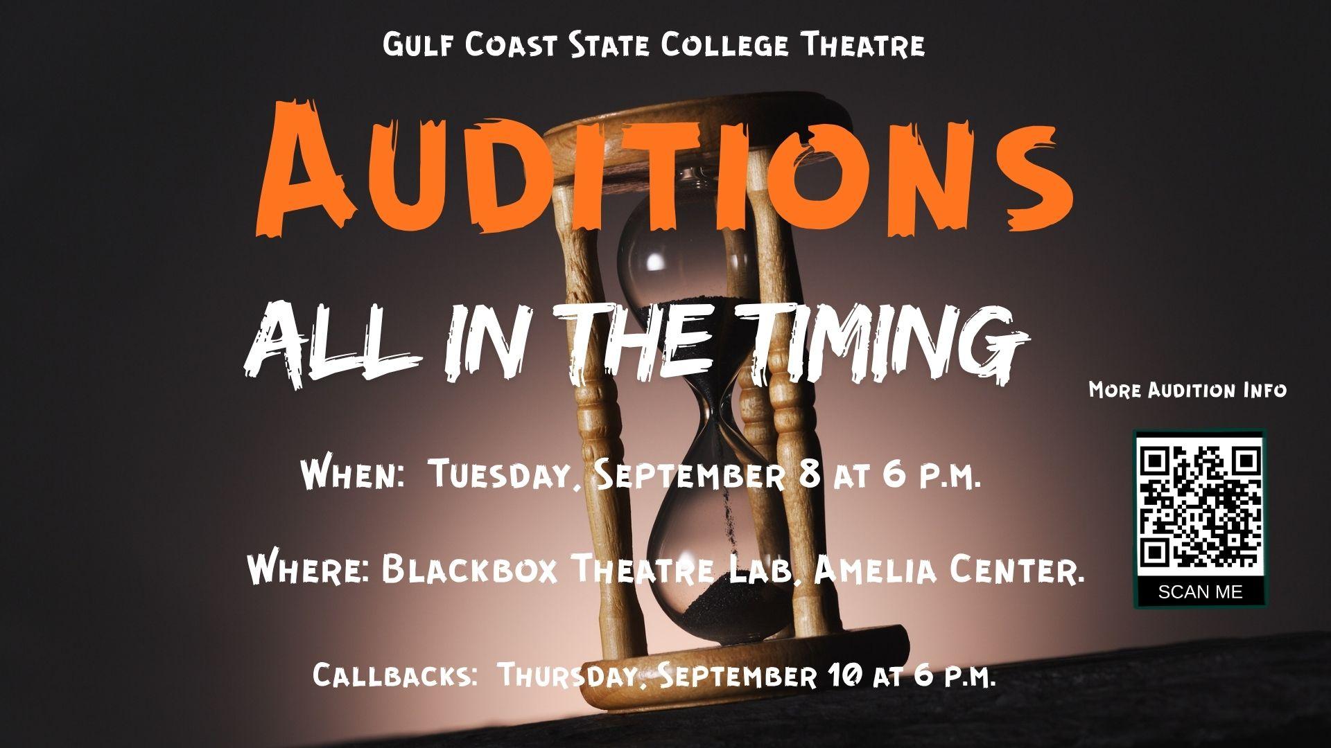 Audition information for All In The Timing
Tuesday, September 8 at 6 p.m.