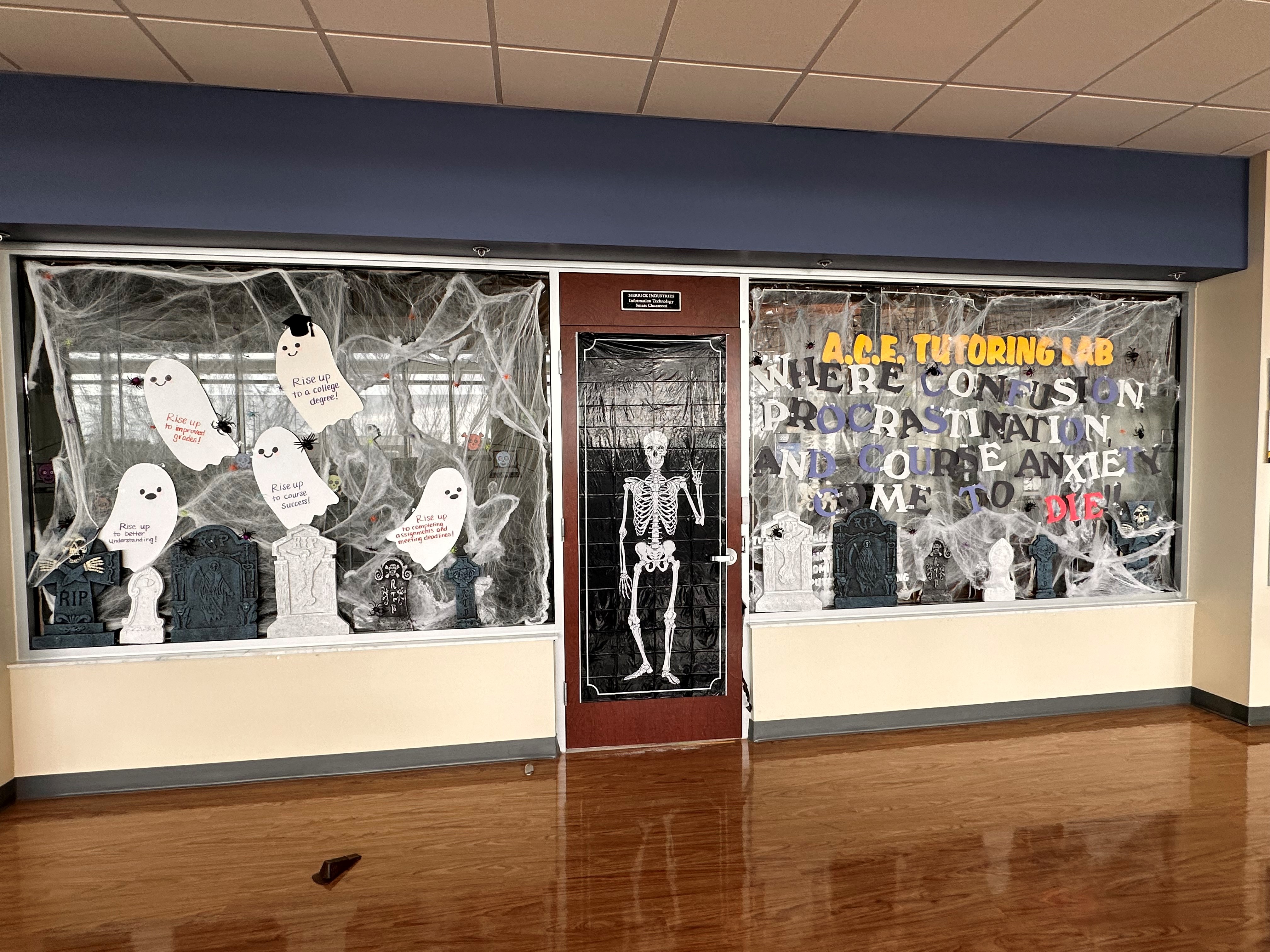 Accounting, ACE Tutoring Lab Halloween Decorations outside the ACE tutoring lab in the GCSC's Charles Hilton Center for Advanced Technology.