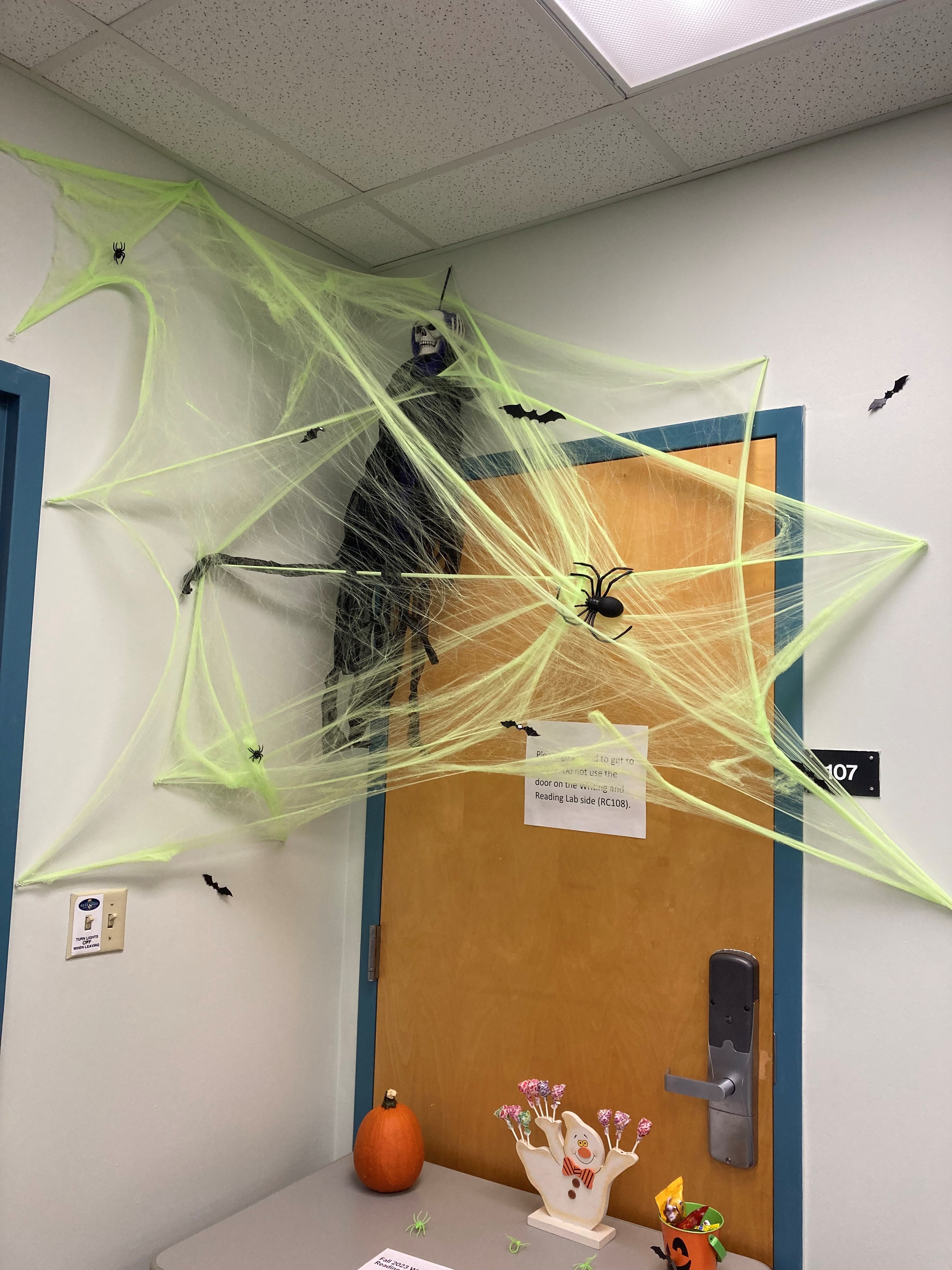 Halloween Decorations outside the GCSC's Writing and Reading Tutoring Lab. Spooky Spider Web.