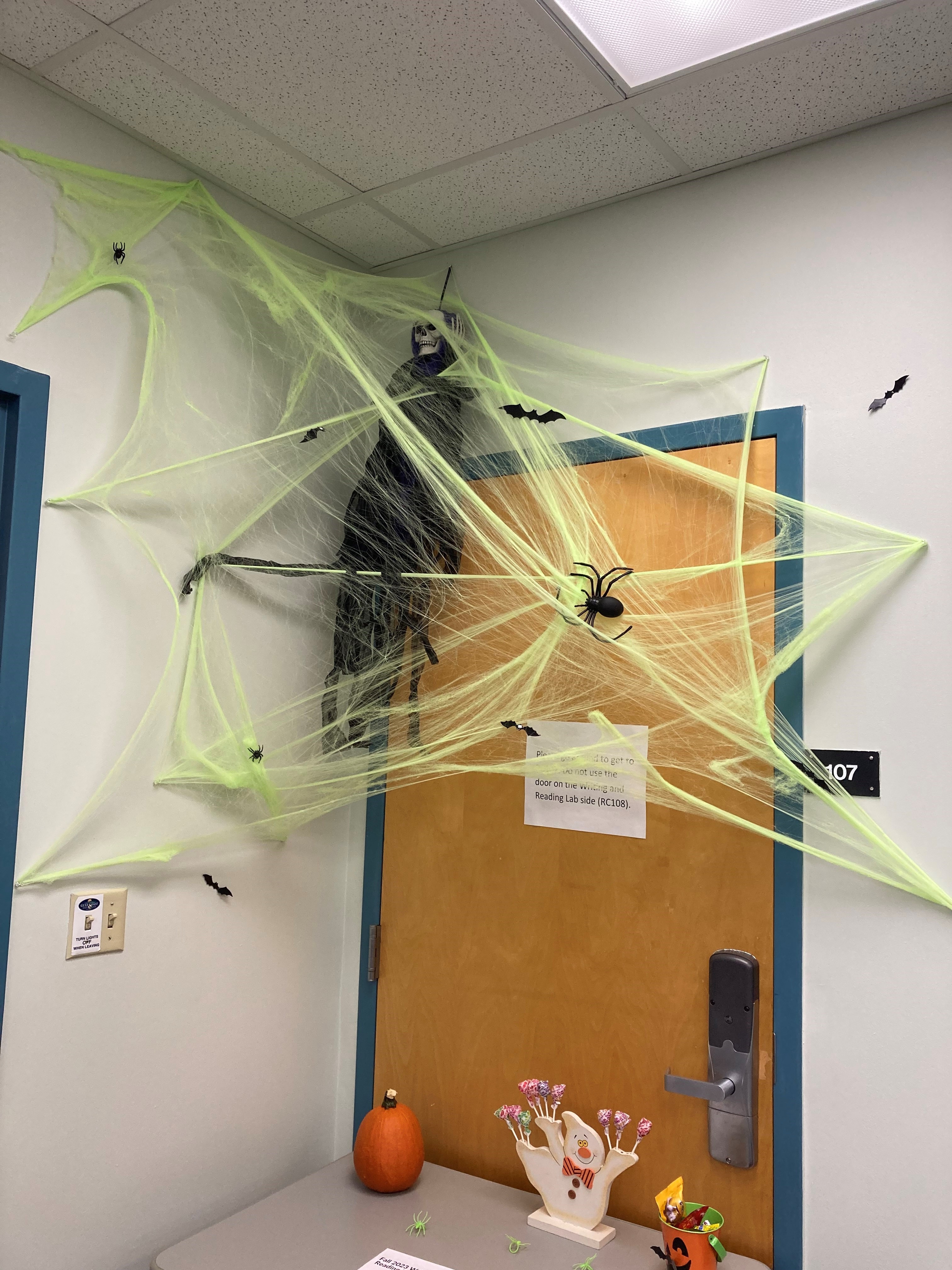Writing and Reading Lab Halloween Decorations outside the GCSC's Writing and Reading Tutoring Lab. Spooky Spider Web.