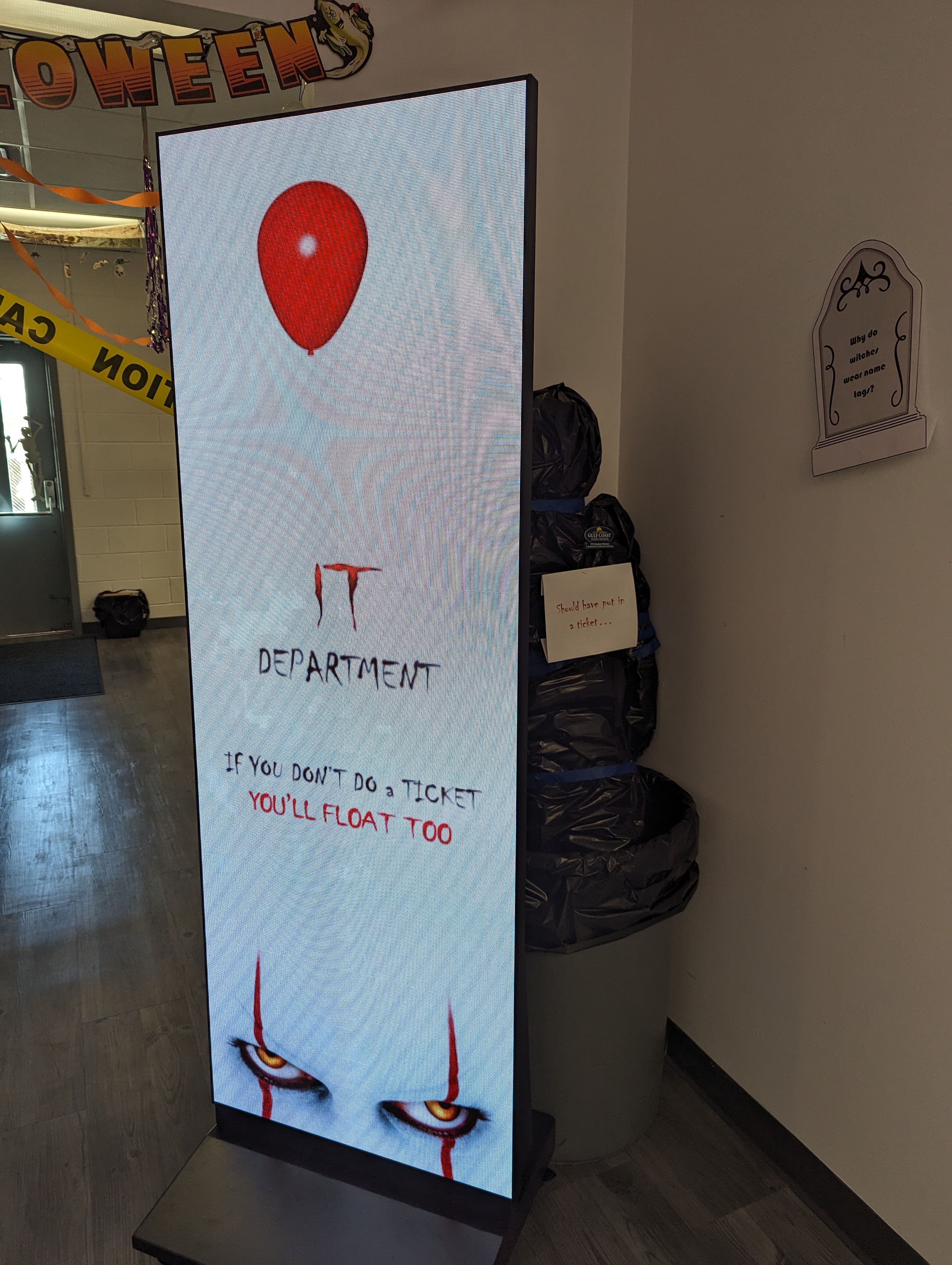 Information Technology Services, ITS Halloween Decorations in GCSC's ITS Building. Scary welcome sign