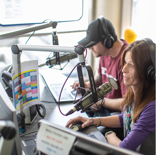 students using audio equipment